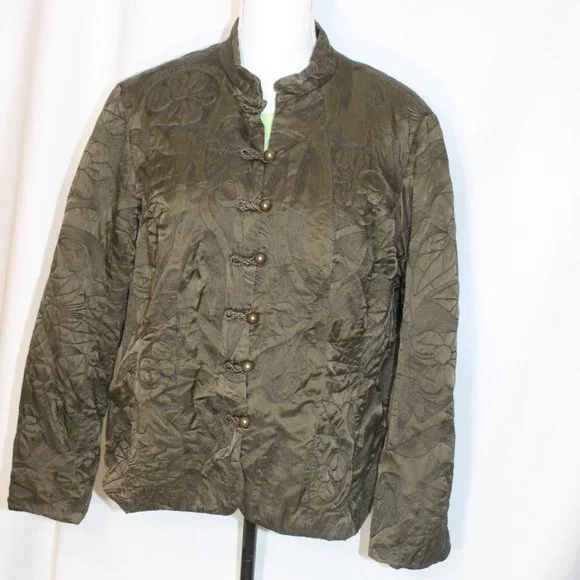 COLDWATER CREEK Olive Green Quilted Jacket Size Large Button Front Oriental L/S - Picture 7 of 13